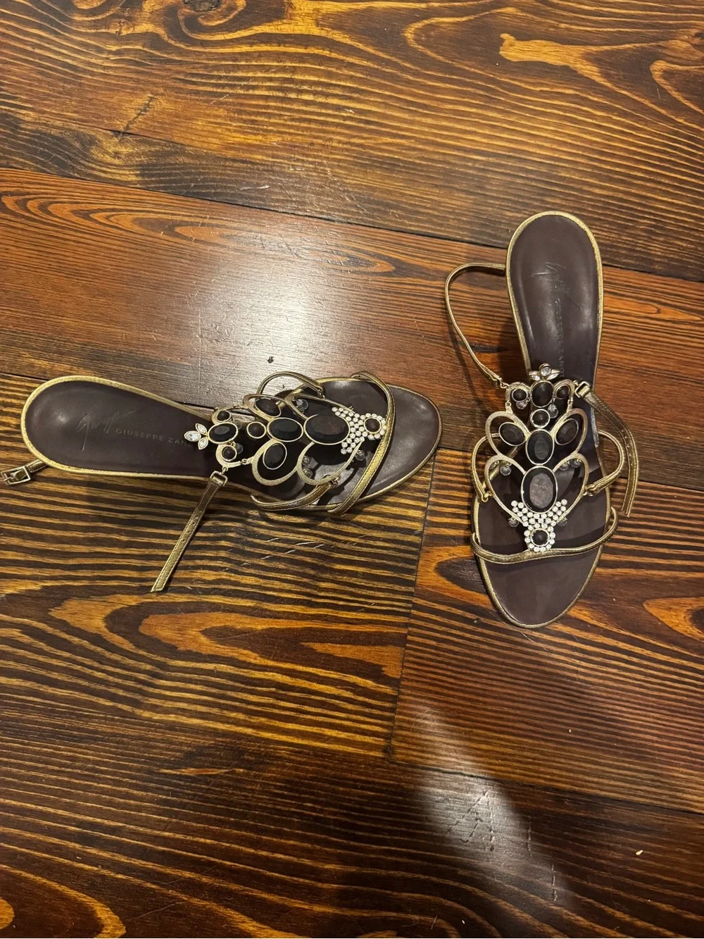 Women’s Giuseppe Zanotti Crystal/Gold Embellished Brown Gold Sandals Size 36 1/2 - Picture 2 of 5